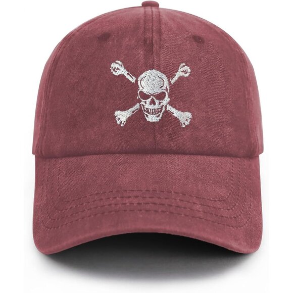 Men's Red Skull Crossbones Embroidered Skeleton Cotton Comfort Baseball Cap - Picture 1 of 7